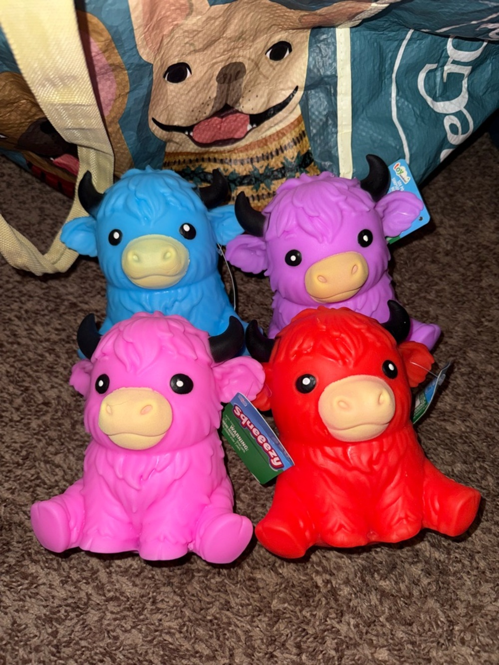 Squeeezy Highland Cow Lot of 4 Blue, Purple, Pink, & Red